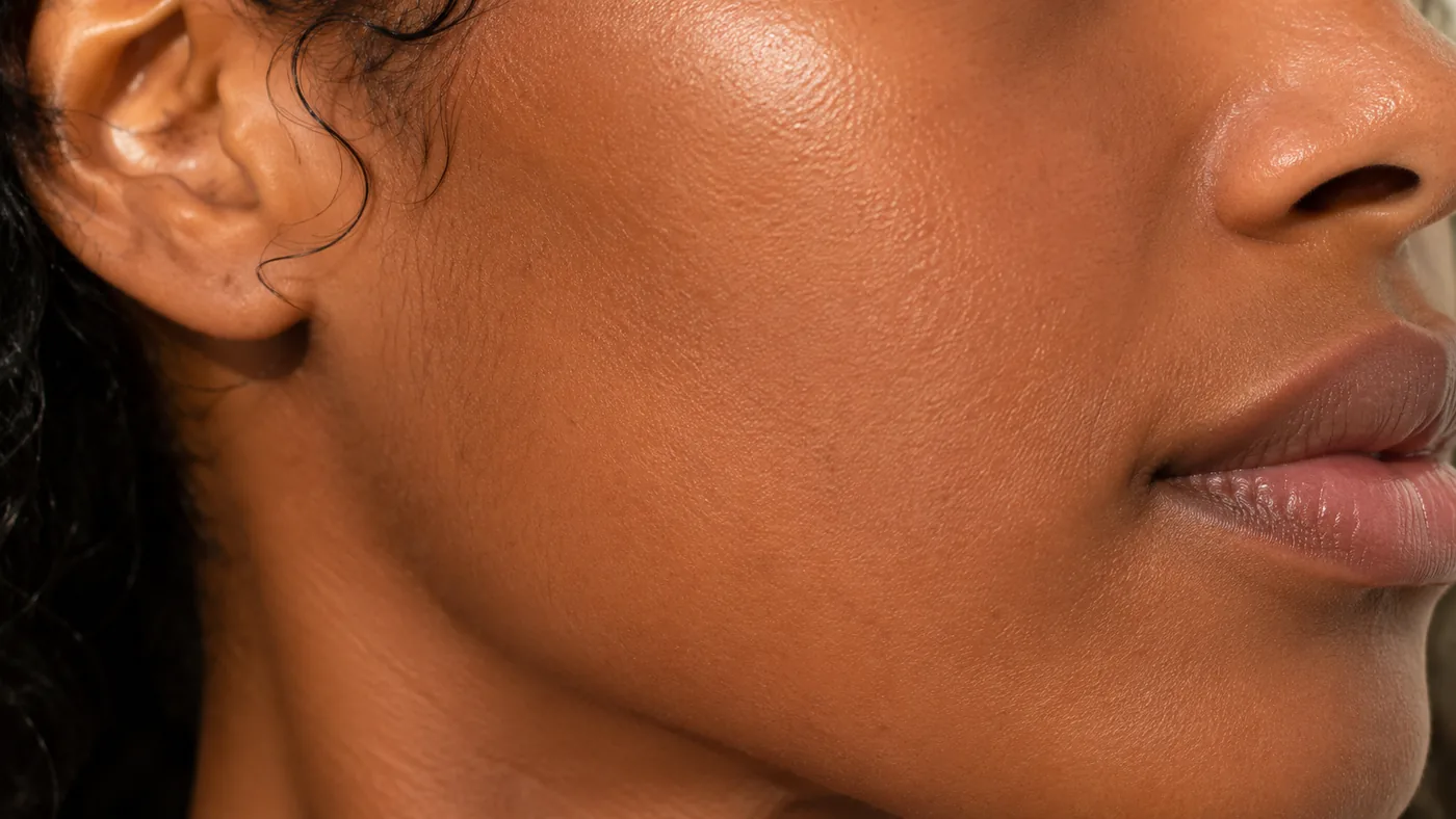 Close-up of brown, Type V skin with sheer sunscreen rubbed in, no gray or white film, even glow in natural light