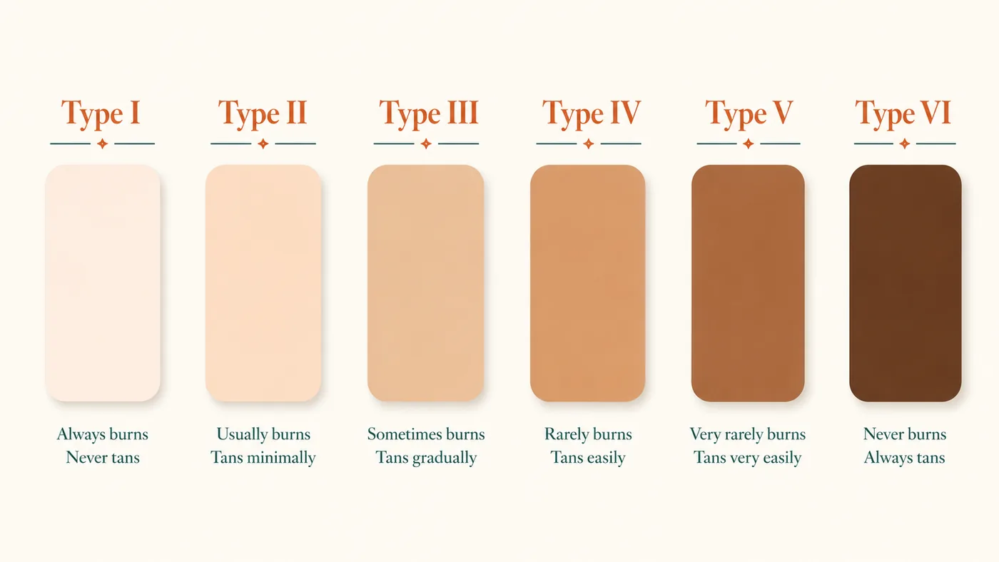 Illustrated Fitzpatrick chart, six skin-tone swatches in a row from very fair to deeply pigmented, each labeled Type I to VI with a small burn-and-tan note