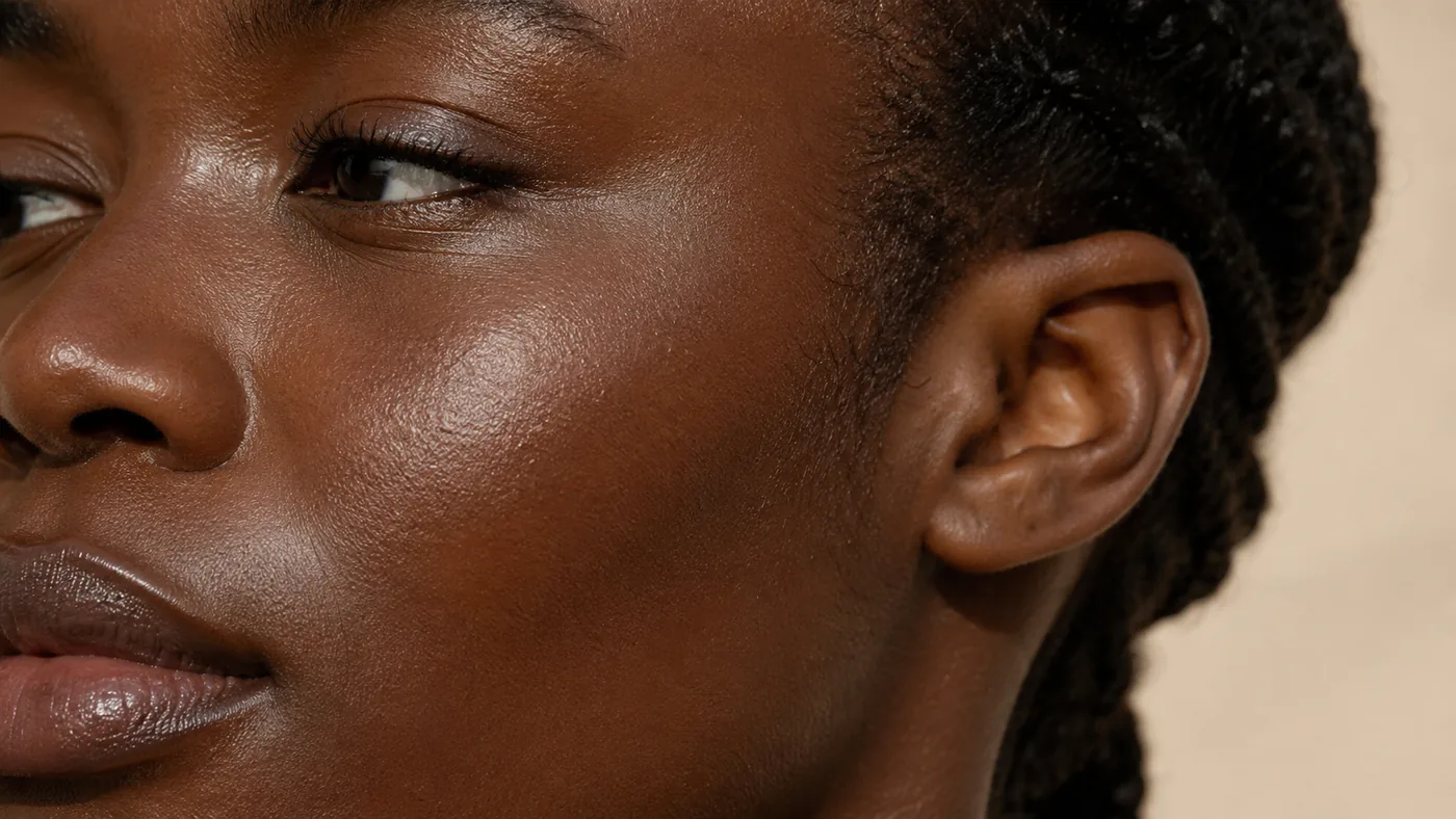 Authentic close-up of a person with deep, Type VI skin wearing freshly applied sunscreen in natural light, skin looking even and luminous with no gray or ashy film