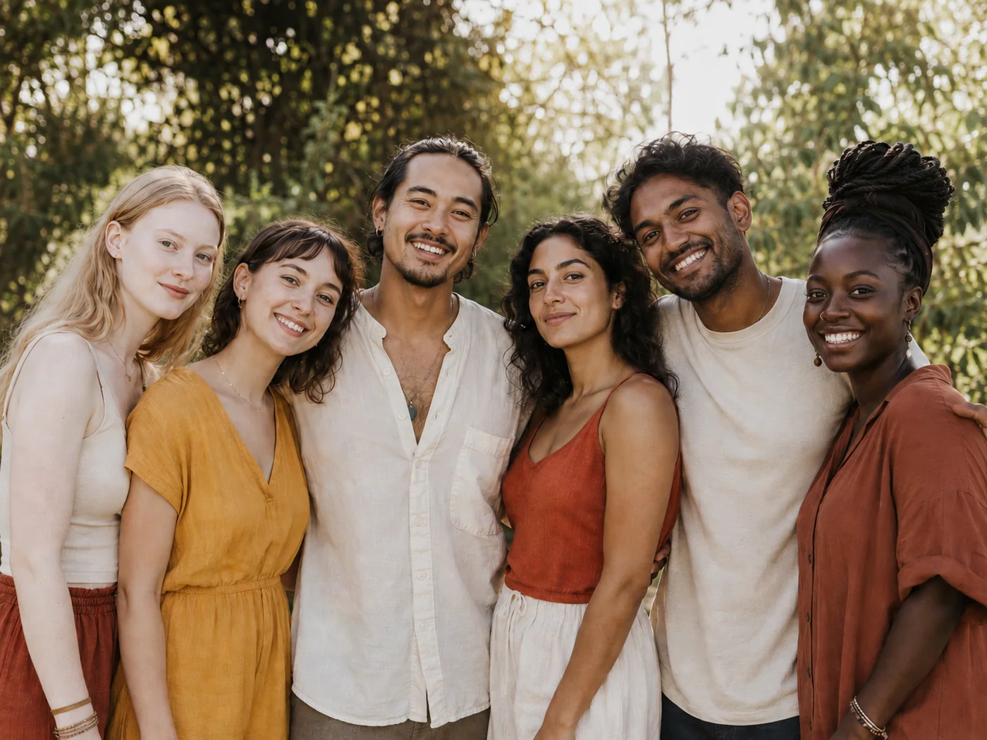 Six people standing together outdoors in warm sunlight, their skin spanning the full Fitzpatrick range from very fair Type I to deeply pigmented Type VI