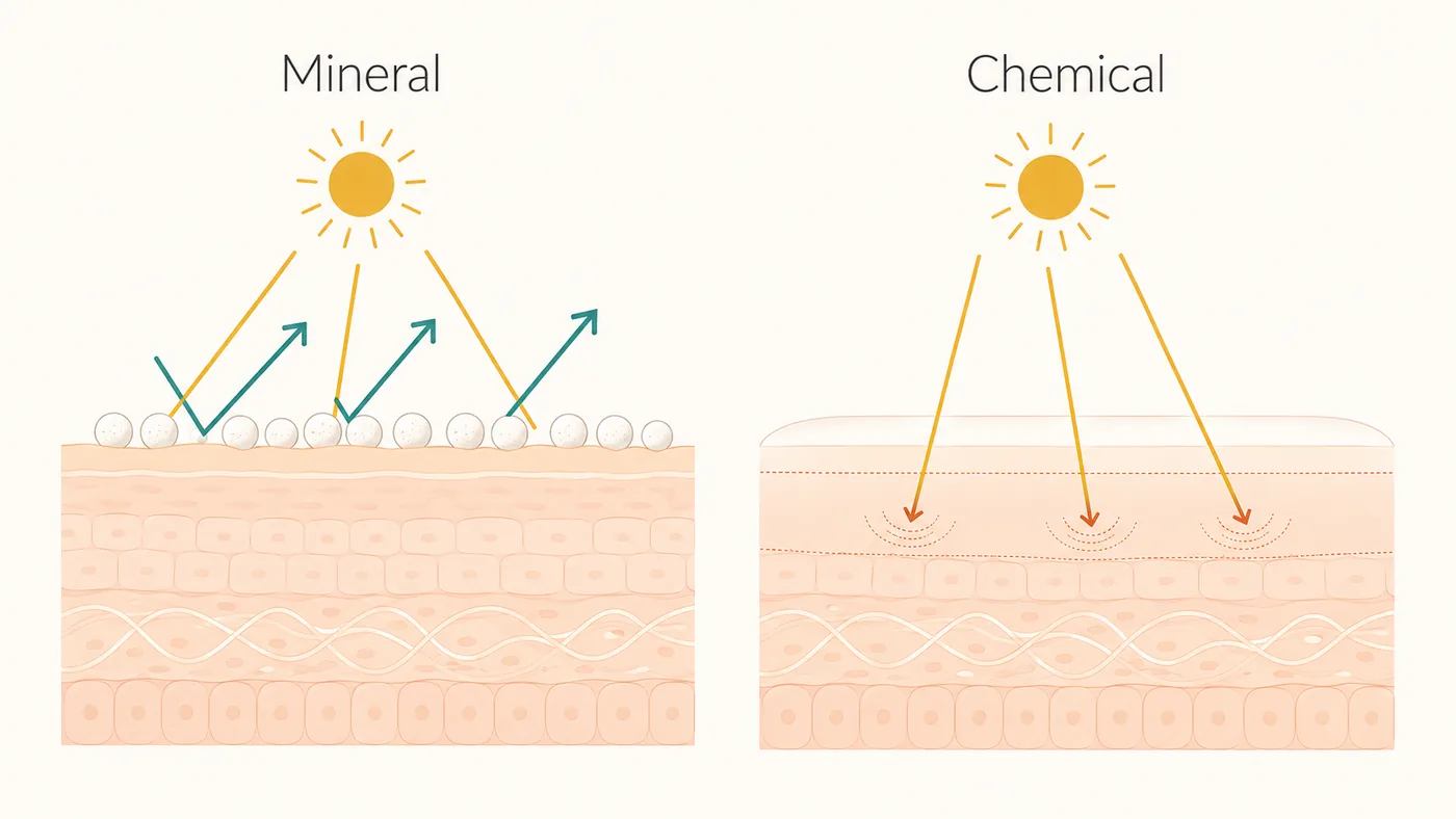 A flat illustration comparing mineral sunscreen, with zinc particles reflecting rays off the skin surface, to chemical sunscreen, with filters absorbing rays within the skin, on a cream background