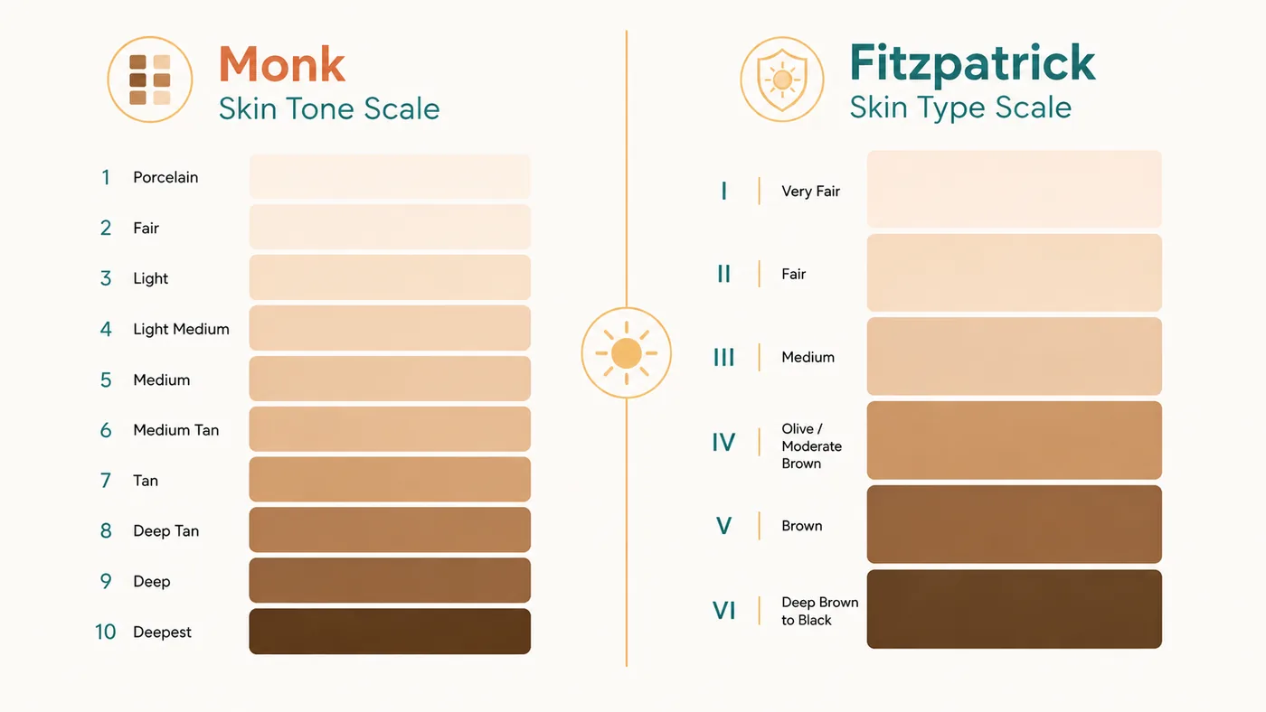 The 10-swatch Monk Skin Tone scale shown side by side with the 6-band Fitzpatrick strip on a cream background