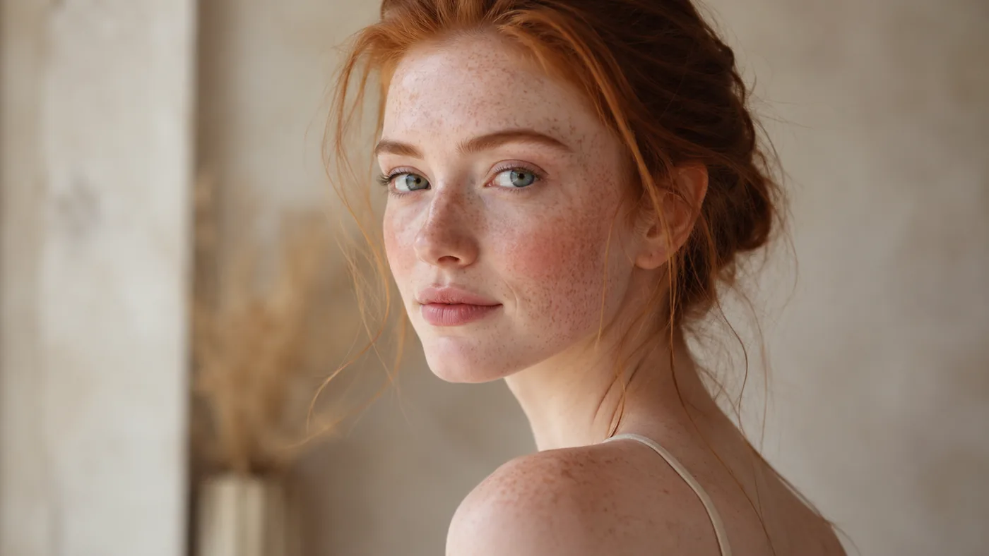 Authentic photographic portrait of a person with very fair Type I skin, light eyes, freckles, and red or strawberry-blonde hair in soft daylight