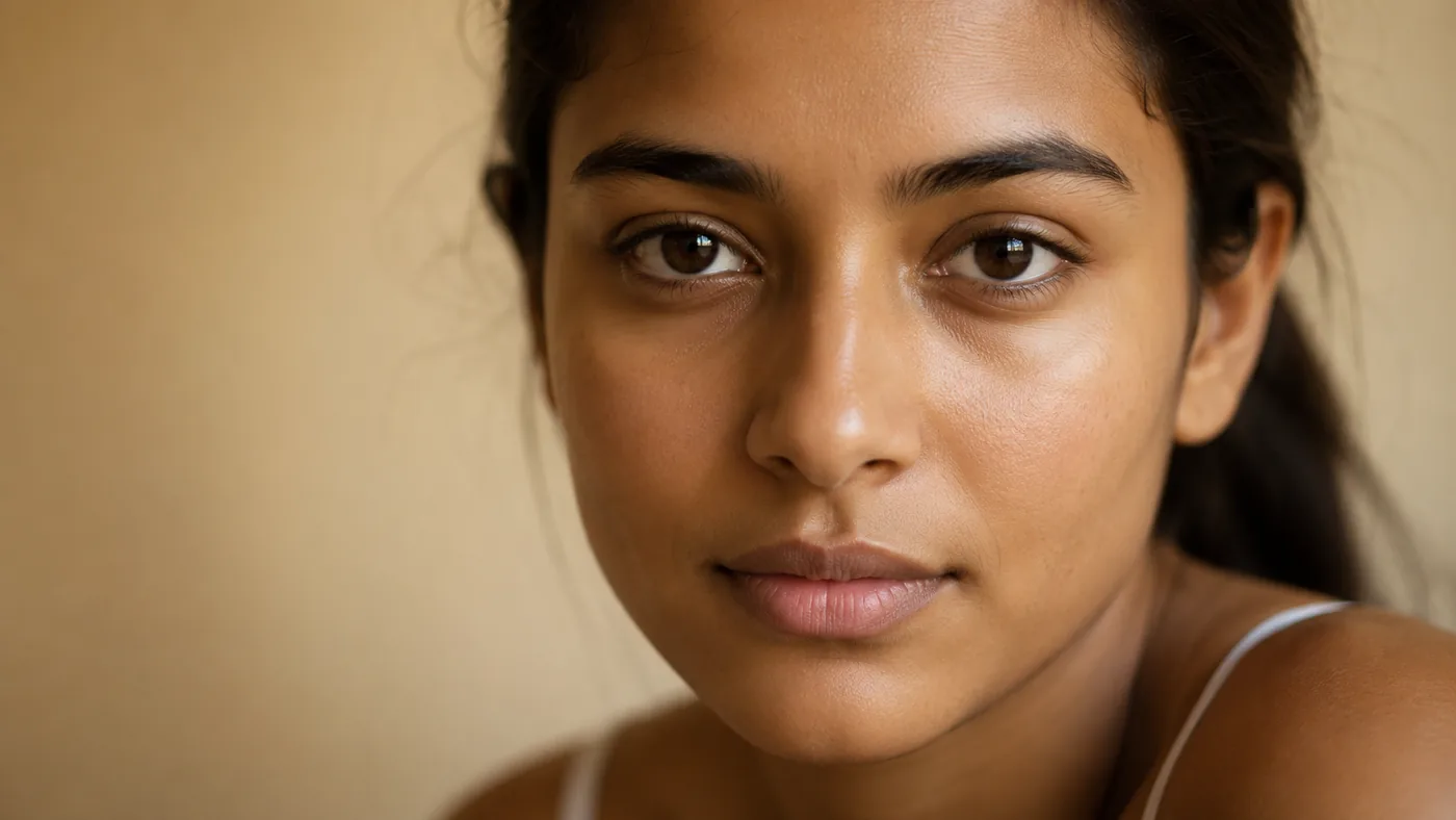Authentic close portrait of olive, warm light-brown skin in soft daylight, even golden undertone, natural texture, no heavy retouching