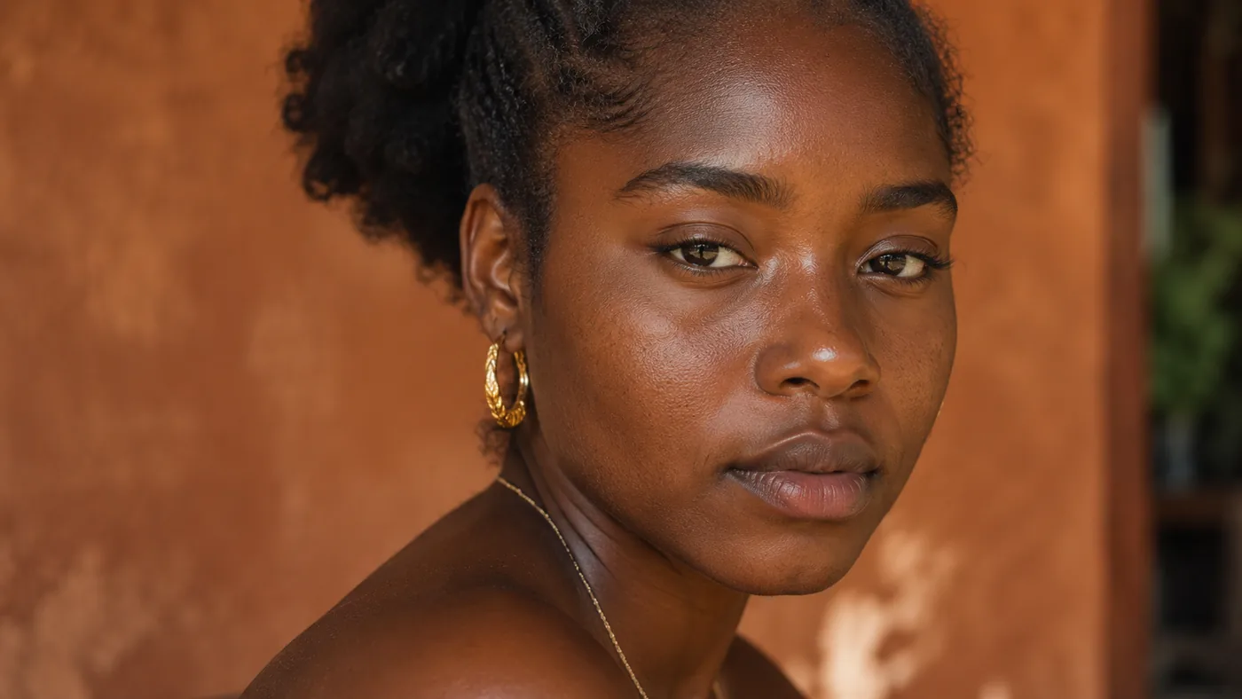 Authentic close portrait of rich brown skin in soft daylight, warm even undertone, natural texture and pores visible, no heavy retouching